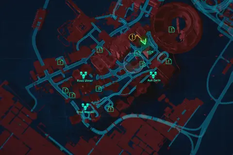 Mapa z gry Cyberpunk 2077. Widoczne ikony misji, wrogów (czaszki) i punktów zainteresowania. Wskazuje drogę do **cyberpunk widmo wolności zakończenia**.