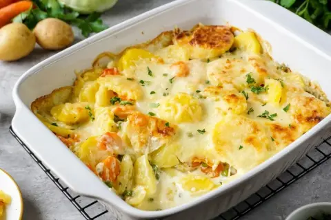 Herzhaftes Auflaufgericht mit Kartoffeln, Karotten und Erbsen, überbacken mit Käse und garniert mit Petersilie. Ein Klassiker der Gerichte mit Kartoffeln.