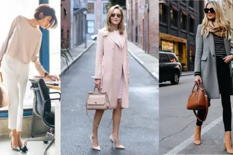 Trzy kobiety prezentują styl coquette: jedna w biurowym stroju, druga w pudrowym płaszczu, trzecia w szarym płaszczu i szalu.