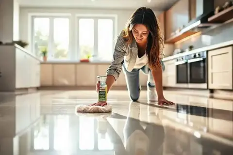 Une femme nettoie son carrelage brillant dans la cuisine. Elle utilise un produit pour savoir comment faire briller un carrelage.
