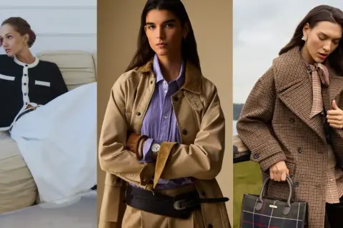 Eleganckie stylizacje na chrzciny jesienią: kardigan, beżowa kurtka i płaszcz w kratę.