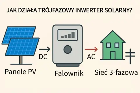 Schemat działania trójfazowego falownika: panele PV generują prąd stały (DC), który falownik przetwarza na prąd zmienny (AC) dla sieci domowej.