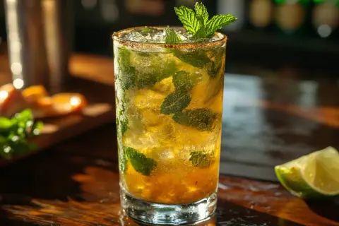 Orzeźwiające mojito bezalkoholowe z miętą i lodem, ozdobione plasterkiem limonki. Idealne na upalne dni.