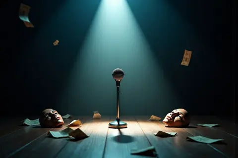 Piotr Żola Szulowski stand up: mikrofon na scenie, wokół leżą maski i banknoty.