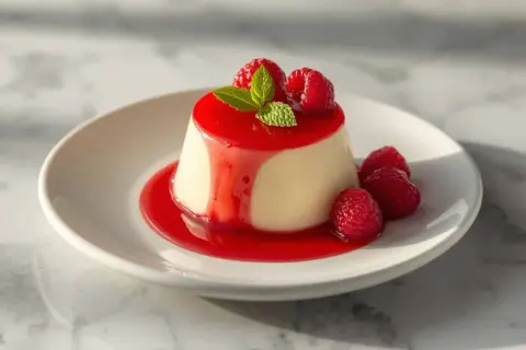 Délicieuse panna cotta italienne, nappée de coulis de framboise et garnie de fruits rouges frais. Une vraie recette gourmande.