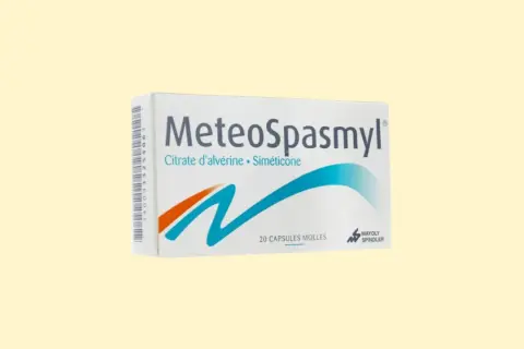 Opakowanie leku MeteoSpasmyl, zawierające 20 kapsułek, z grafiką przypominającą falę.