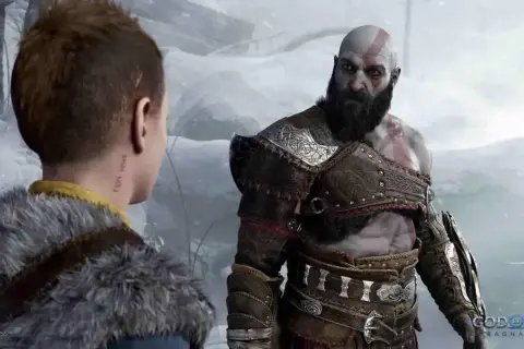 Kratos i Atreus w śnieżnym krajobrazie. Zastanawiasz się, god of war ile godzin zajmie Ci ta epicka podróż?