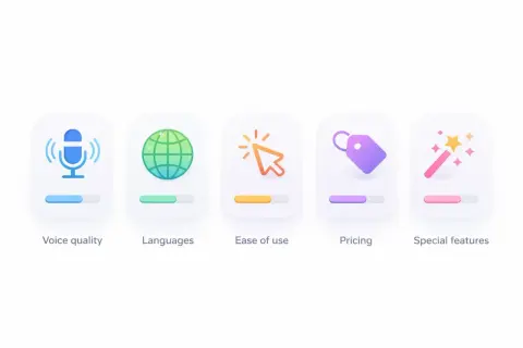 Icônes représentant les caractéristiques d'une application qui lit les livres : qualité vocale, langues, facilité d'utilisation, prix et fonctionnalités spéciales.