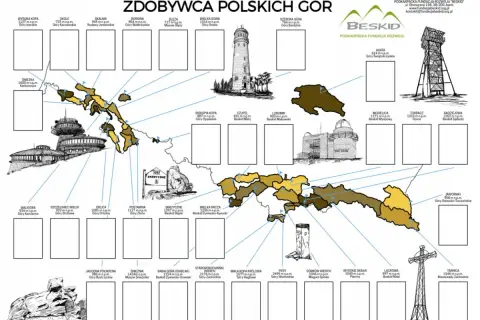 Mapa z zaznaczonymi korona gor polskich szczyty, od Śnieżki po Tatry.