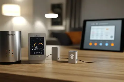 Sur une table en bois, une passerelle Netatmo et ses accessoires connectés, dont un écran affichant des données environnementales, sont prêts à gérer votre maison intelligente.