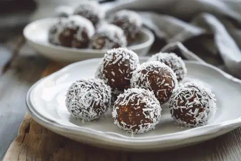 Chokladbollar rullade i kokos. Ett enkelt och gott kokosbollar recept som passar alla.
