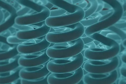 Estructura molecular en espiral, como un resorte, que muestra la complejidad del **reach que es** la ciencia de materiales.