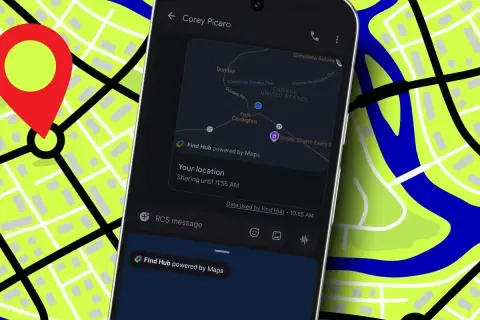 Telefon pokazuje, jak udostępnić lokalizację przez Find Hub. Widoczna jest mapa z zaznaczonym punktem i informacją o udostępnianiu.