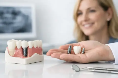Un implantólogo dental muestra un modelo de mandíbula con un implante y en su mano, un implante, un diente y otro implante.