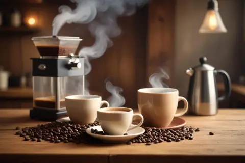 Färskt kaffe med ånga som stiger från kopparna. Kaffebönor sprider sig över bordet. En kaffebryggare och en tekanna syns i bakgrunden. Kaffe koffein per 100 ml.