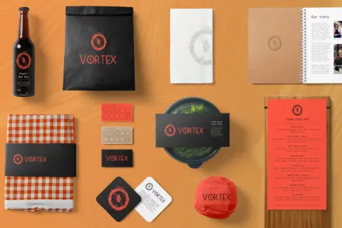 Projekt menu i materiały promocyjne restauracji VORTEX, stworzone w Affinity Publisher.