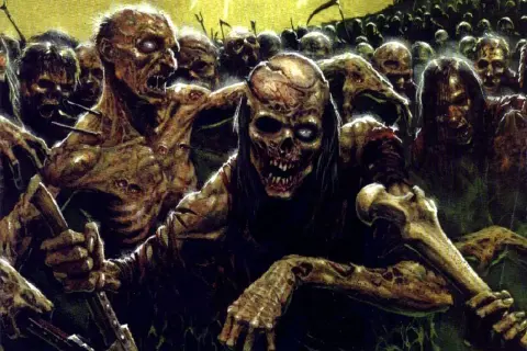 Przerażająca horda ludzi zombie, z rozkładającymi się ciałami i pustymi oczami, zbliża się w mroku.