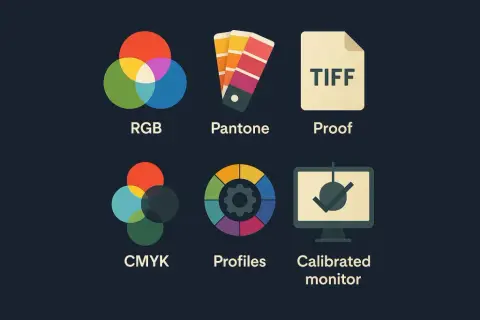 Ikony graficzne: RGB, Pantone, Proof, CMYK, Profiles, Calibrated monitor. Zestaw narzędzi do pracy z kolorem.