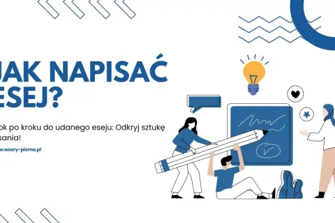 Jak napisać esej? Ilustracja pokazuje ludzi tworzących tekst, symbolizując proces pisania.