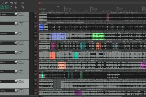 DAW-Software zeigt Musikproduktion mit vielen Spuren von Depeche Mode, RATM, Alice in Chains, Jill Scott, Lisa Bassenge, Norah Jones, Rammstein, Brahms und Valerie Joyce.