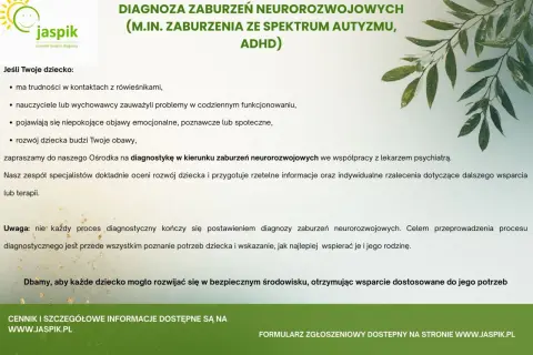 Diagnoza zaburzeń neurorozwojowych, w tym spektrum autyzmu i ADHD. Zapraszamy na diagnostykę, gdy rozwój dziecka budzi obawy.