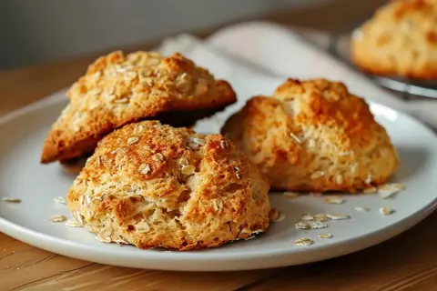 Tre gyllene scones bröd med havregryn på en vit tallrik, redo att avnjutas.