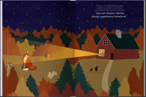Ilustracja nocnego lasu z chatką, lisem, sarną, króliczkiem i jeżami.