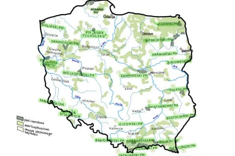 Mapa Polski z zaznaczonymi parkami narodowymi i krajobrazowymi. Odkryj piękno przyrody w parkach krajobrazowych w Polsce.