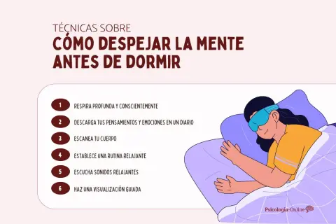 Mujer durmiendo con antifaz, lista para lecturas para relajarse. Técnicas para despejar la mente antes de dormir: respirar, escribir, escanear cuerpo, rutina, sonidos y visualización.