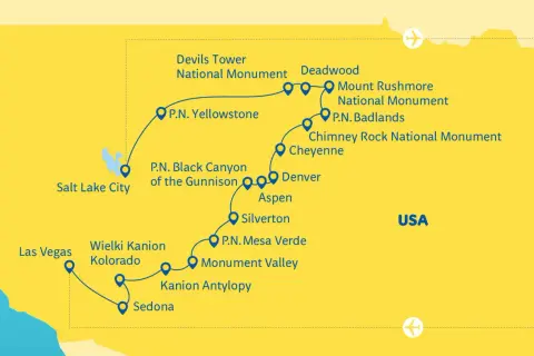 Mapa USA z trasą przez najpiękniejsze parki narodowe: Yellowstone, Wielki Kanion Kolorado, Mesa Verde, Badlands i inne.