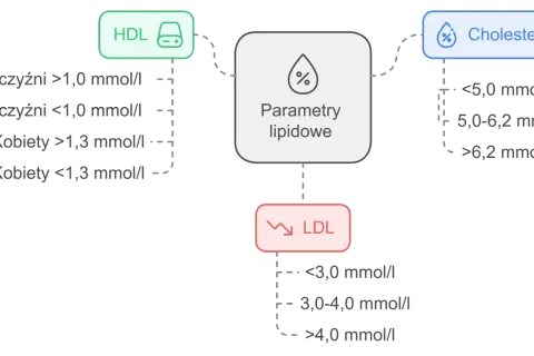 Schemat parametrów lipidowych: HDL, LDL i cholesterol. Wysokie triglicerydy mogą wpływać na te wyniki.