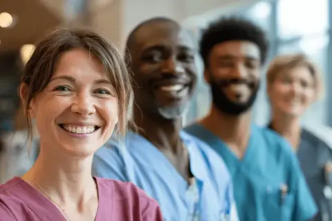 Ein lächelndes Pflegeteam in blauen Kitteln. Sie repräsentieren flexible Arbeitszeitmodelle Pflege Beispiele für ein motiviertes Team.