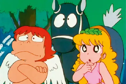 Postacie z anime, inspirowane mitologią grecką bogowie: Eros z zaciętą miną, dziewczyna w różowej sukience i czarny koń.