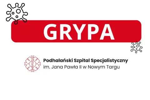 Grafika informuje o grypie, ale warto pamiętać o objawach hantawirusa. Widoczne wirusy i nazwa szpitala.