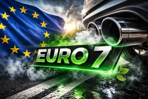 Flaga UE i dym z rury wydechowej symbolizują nowe, bardziej ekologiczne normy emisji spalin. Norma euro 7 nadchodzi!