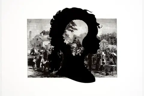 Kara Walker artwork: Black silhouettes of two profiles, one nested within the other, overlay a historical engraving of a bustling village scene with figures and buildings.