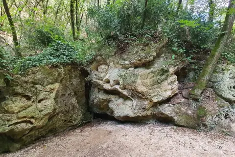Volto scolpito nella roccia lungo il sentiero Li Vurgacci, circondato da vegetazione lussureggiante.