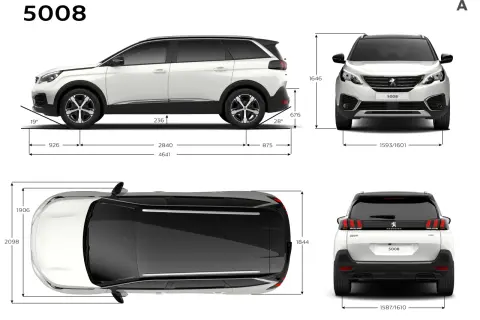 Peugeot 5008 wymiary: długość 4641 mm, szerokość 1844 mm, wysokość 1646 mm. Widok z boku, przodu, tyłu i z góry.