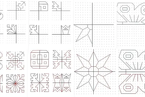 Ejemplos de simetría primaria en cuadrículas: formas geométricas, mariposas y estrellas.