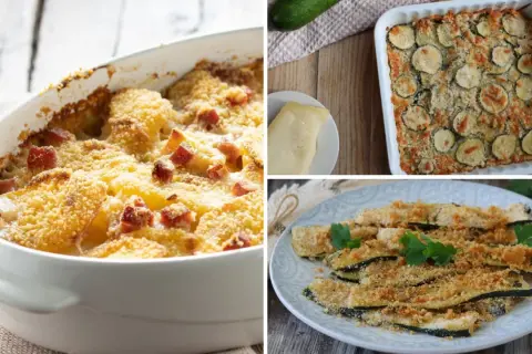 Tre deliziose varianti di zucchine al forno: una gratinata con patate e pancetta, una in teglia con fette tonde e una croccante a bastoncino.