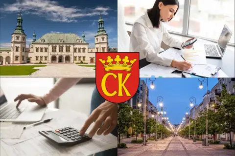 Kielce: pałac, herb miasta, kobiety pracujące z kalkulatorem i laptopem, ulica z latarniami.