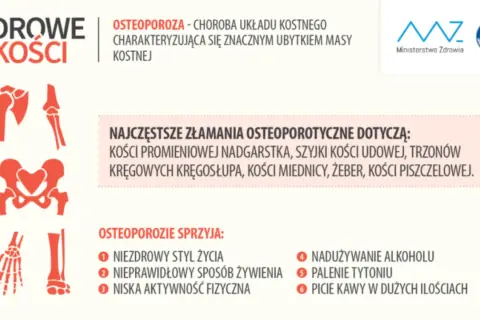 Osteoporoza: jak leczyć? Infografika o zdrowych kościach, złamaniach osteoporotycznych i czynnikach ryzyka.
