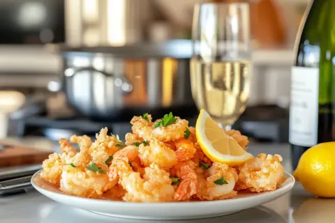 En tallrik med krispig prawn tempura, garnerad med citron och persilja, bredvid ett glas vitt vin och en flaska.