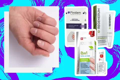 Dłoń z osłabionymi paznokciami obok produktów, w tym Eveline 8w1 i Regenerum – najlepsza odżywka do paznokci z apteki.