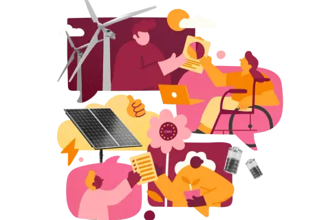 Illustration visar hur csr betyder hållbarhet med vindkraft, solpaneler, batterier, och människor som samarbetar för en bättre framtid.