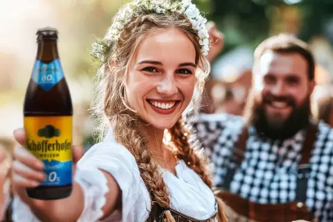 Uśmiechnięta dziewczyna w wianku z kwiatów trzyma butelkę Schöfferhofer Weizen, oferując to dobre niemieckie piwo. W tle widać radosnych ludzi.