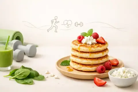Placki z serka wiejskiego, syropem i owocami, obok zielonego smoothie, maty do ćwiczeń i hantli. Zdrowy start dnia!