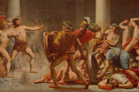 Scène de combat antique. Un homme barbu, peut-être le père d'Ulysse, pointe du doigt un adversaire. Des guerriers tombent, d'autres se battent.