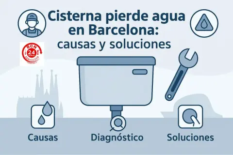 Ilustración de una cisterna con problemas de agua en Barcelona. La boya de la cisterna no corta el agua, causando fugas. Se muestran causas, diagnóstico y soluciones.