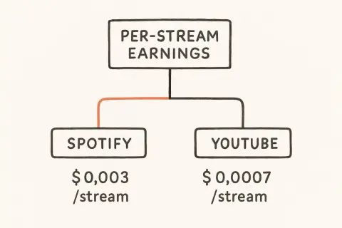 Per-stream earnings for music: Spotify pays $0.003/stream, YouTube pays $0.0007/stream. Understand how to make money from streaming music.